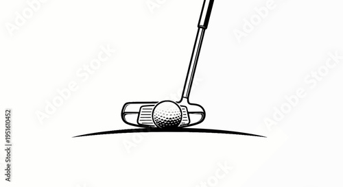 Black and white illustration of a golf club with a ball on a curved line