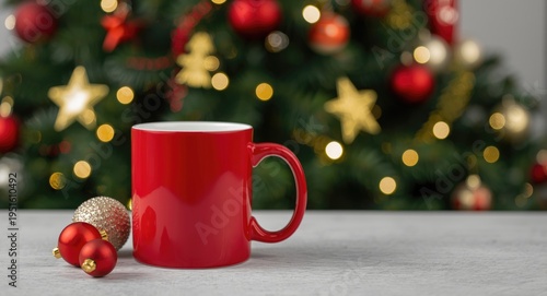Red coffee cup with holiday...