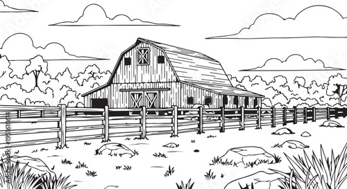 Rustic barn coloring page vector illustration for kids and adults