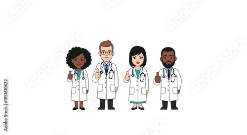Four diverse doctors in lab coats and stethoscopes stand together giving thumbs-up gestures.
