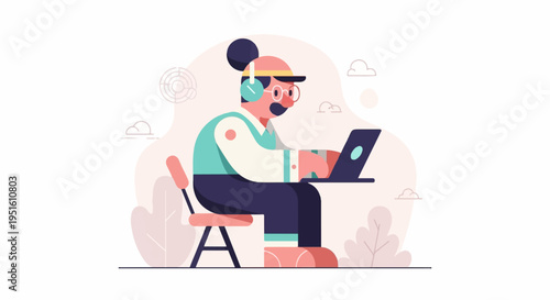 Flat illustration of a person with headphones and glasses working on a laptop