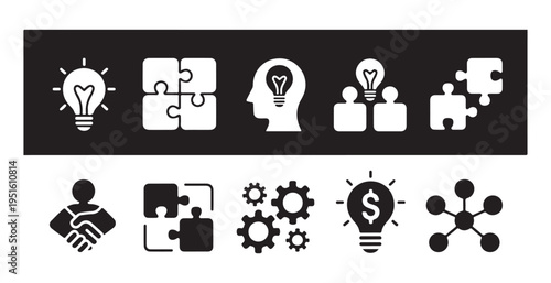 Collaborative project icons featuring puzzle elements creative thinking and financial growth symbols