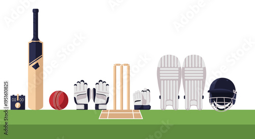 Various cricket equipment including a bat, ball, stumps, and pads are arranged on a green surface.