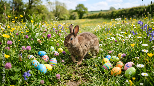 Easter Bunny in Meadow with Eggs