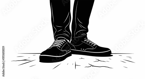 Close-up of black sneakers and creased pants standing on a cracked surface