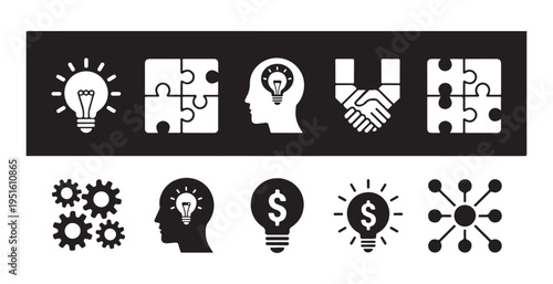 Business solution and creativity icons with lightbulbs puzzle pieces and human head thought process