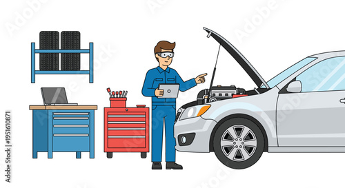 A male mechanic in blue overalls inspects an open car engine with a tablet next to a workbench and toolbox.