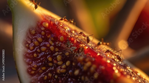 A swarm of ants feasting on a split-open ripe fig resting on a tree branch in sunlight