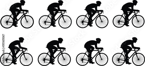 Cyclist pedaling sequence silhouette set, road bike motion frames, athlete riding animation stages, black isolated vector illustration on white background