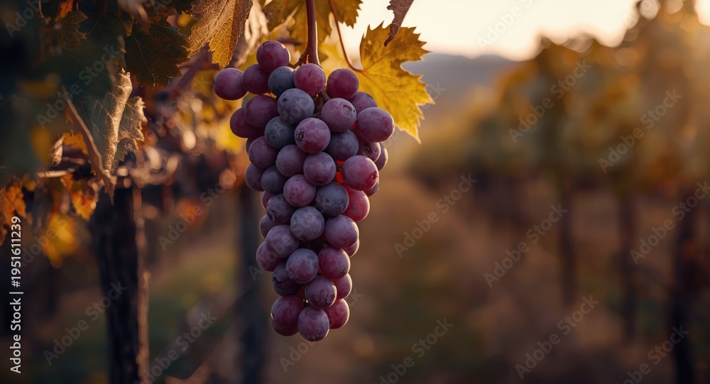 Obraz premium Purple grape bunch highlighted in front of a faint vineyard blur