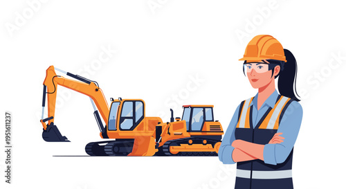 A female construction worker with crossed arms and safety gear stands angled, with an excavator and bulldozer partially visible behind her.