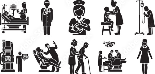 Medical healthcare professional icon set with doctor nurse patient surgery xray and hospital care symbol