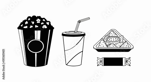 Iconographic representations of cinema snacks popcorn, drink, nachos, and candy