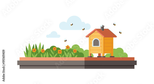 Flat design illustration of a wooden beehive with bees flying over blooming flowers and green plants in a garden. Beekeeping, nature, and honey production concept.