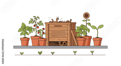 Detailed illustration of a home composting system with a wooden bin, potted plants, and worms, depicting organic gardening and sustainable living practices.