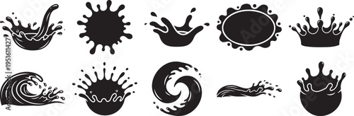 Liquid splash and water wave icon set with drop splash swirl and fluid motion symbol
