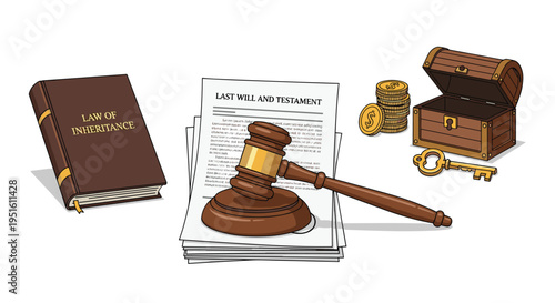 A law book, will documents, a gavel, an open treasure chest, gold coins, and a key are arranged on a white surface.
