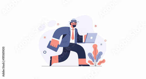 Man in suit and hat holding laptop and briefcase, walking outdoors