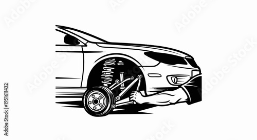Detailed black and white illustration of a car's front suspension system being repaired