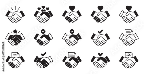 Various handshake icons in black and white representing agreement partnership trust and success deals