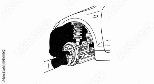 Line art of a hand working on a car's brake rotor and suspension
