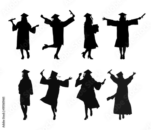 Female graduate students silhouettes set in gown and cap - vector illustration