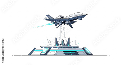 Futuristic aircraft taking off from a technological platform with energy beams.