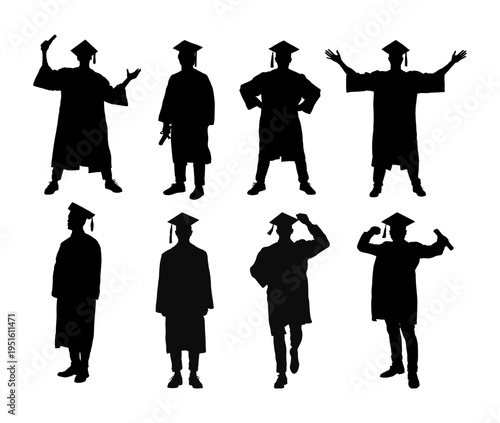 Graduate students silhouettes set in gown and cap - vector illustration