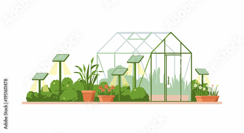 Modern Greenhouse with Solar Garden Lights and Lush Plants, Illustrating Sustainable Horticulture and Urban Gardening Practices.