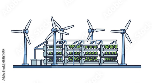 Sustainable vertical farming system powered by renewable wind energy. Modern hydroponic farm for eco-friendly food production and urban agriculture.