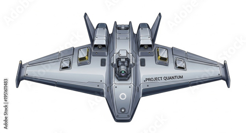 Detailed aerial view of a futuristic silver aircraft with advanced technology and design.