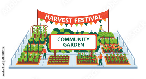 Community Garden Harvest Festival Illustration: Sustainable urban farming, people working together, cultivating fresh organic vegetables and produce.
