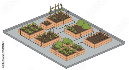 Modern isometric illustration of an urban modular raised garden bed system with diverse plants and efficient drip irrigation for sustainable home gardening.