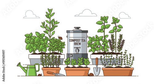 Vibrant illustration of organic home gardening featuring potted herbs, plants, a compost tea brewer, and essential garden tools for sustainable living.