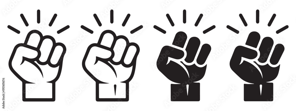 Fototapeta premium Fist bump icons symbolizing unity strength and solidarity in black and white and filled styles