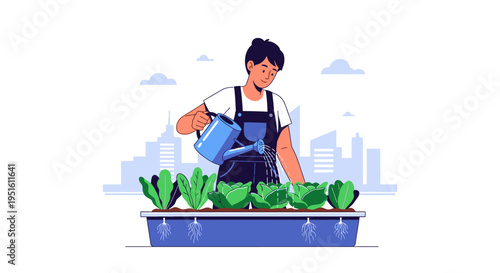 Young person in overalls watering fresh green lettuce plants in an urban rooftop garden, promoting sustainable city farming and healthy eating habits.