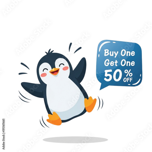 Cheerful cartoon penguin character joyfully announces a fantastic 'Buy One Get One 50% OFF' promotion, a vibrant vector illustration for sales and discounts