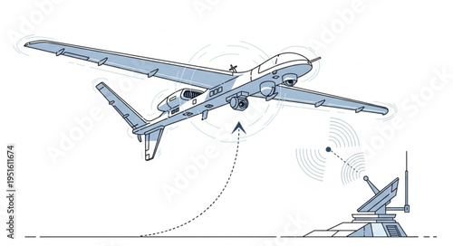 Aerial drone aircraft flying with advanced technology for surveillance and reconnaissance missions.