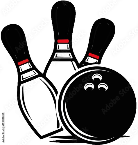Dynamic illustration of three bowling pins and a ball