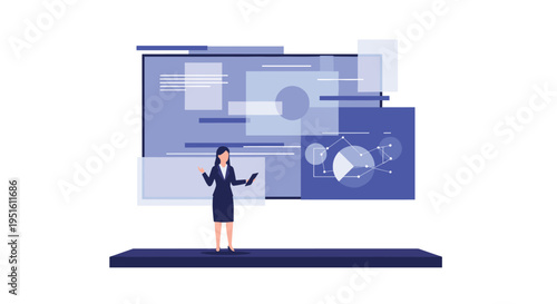 A businesswoman presents data on a large blue screen displaying charts and graphs.