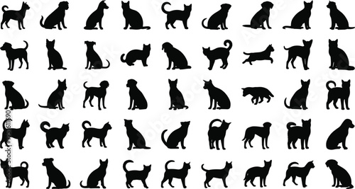 Dog and cat silhouettes collection, domestic pets in various poses set, black animal vector illustration isolated on white background