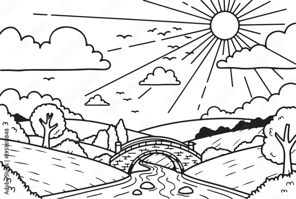 Fototapeta premium Coloring vector page of a scenic landscape with a bridge and sunny sky in a book
