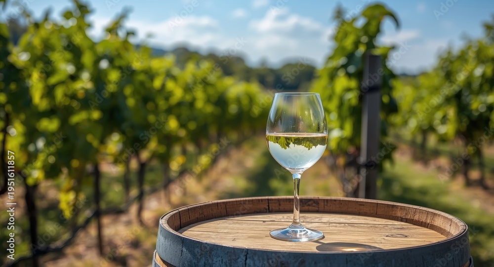 Fototapeta premium Picturesque vineyard scene featuring a white wine glass and oak barrel on a sunny day