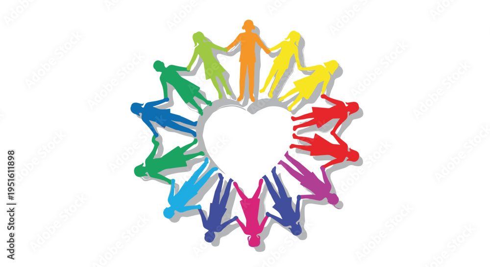 Obraz premium A diverse group of colorful people forms a circle, holding hands around a white heart shape.
