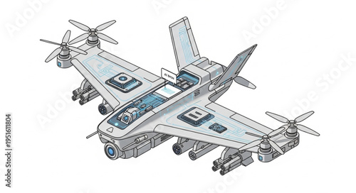 Futuristic aircraft design with multiple propellers and advanced technology features.