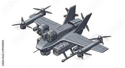 Futuristic military aircraft with multiple propellers and advanced design, ready for flight.