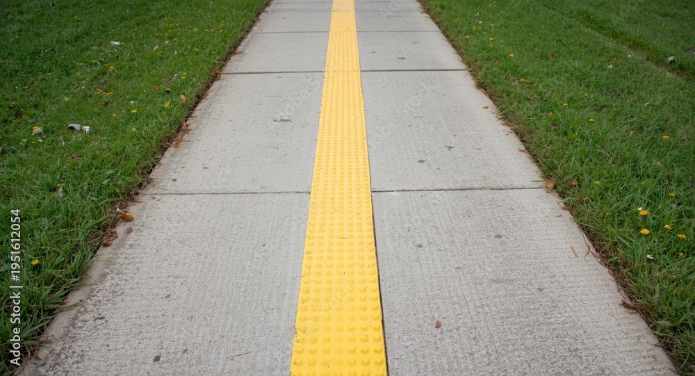 Obraz premium Safety Focused Sidewalk with Yellow Tactile Path for Visually Impaired Walkers