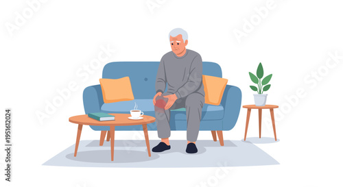 An elderly man sits on a blue sofa, holding his knee in pain, with a coffee table and plant nearby.