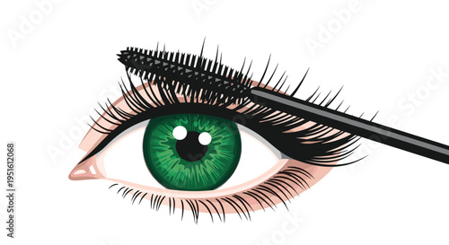 A mascara wand applies mascara to the long eyelashes of a green eye against a white background.