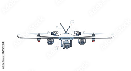 Detailed aerial drone with multiple propellers and camera system for surveillance.